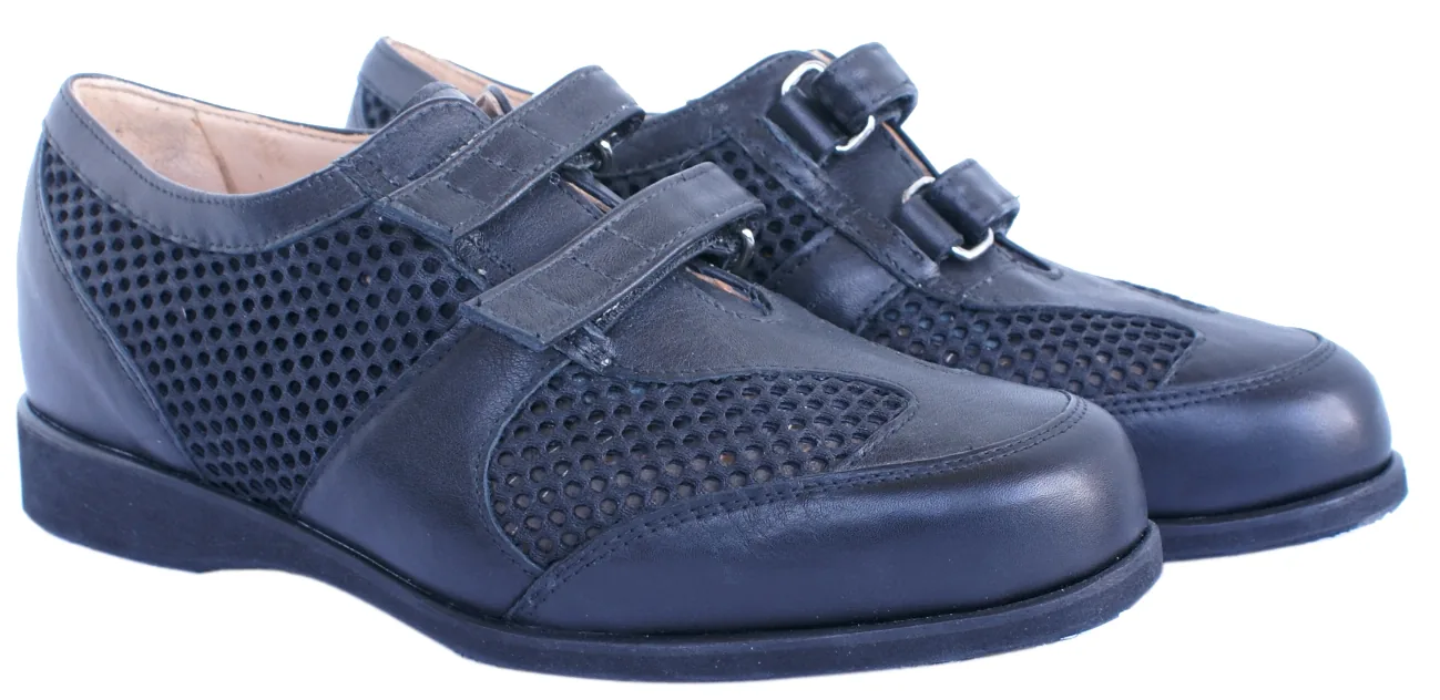 Chaussure à scratch — cuir & résille bleu marine
